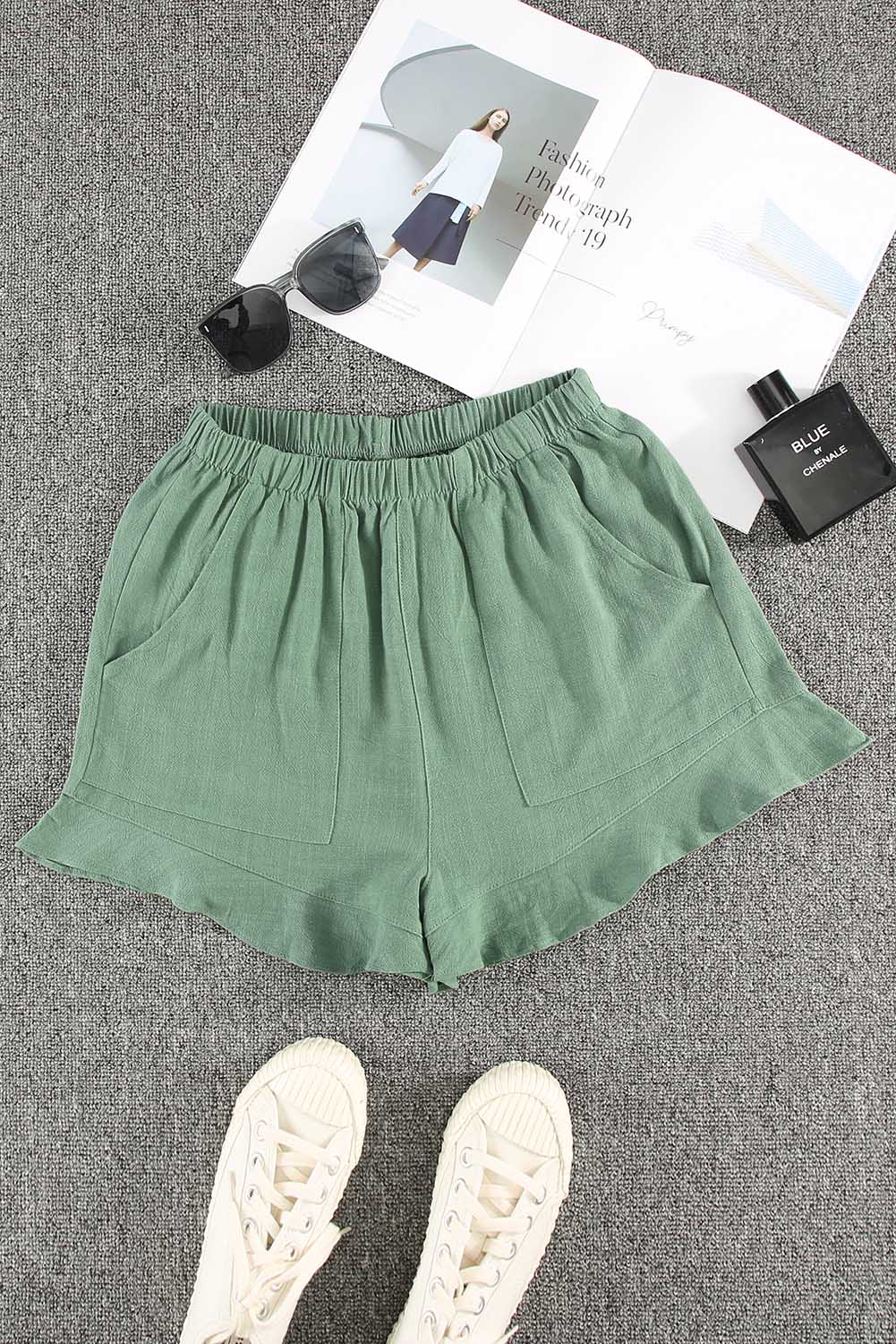 Green high waisted ruffled pocket shorts