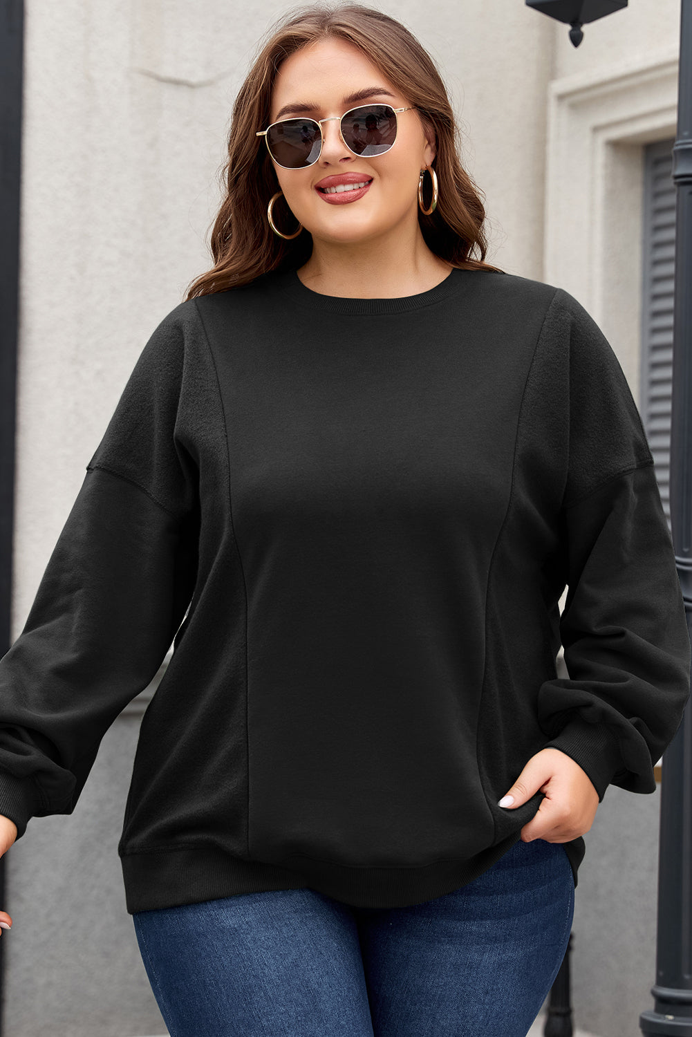 Black Crew Neck Patchwork Loose Sweatshirt Plus Size