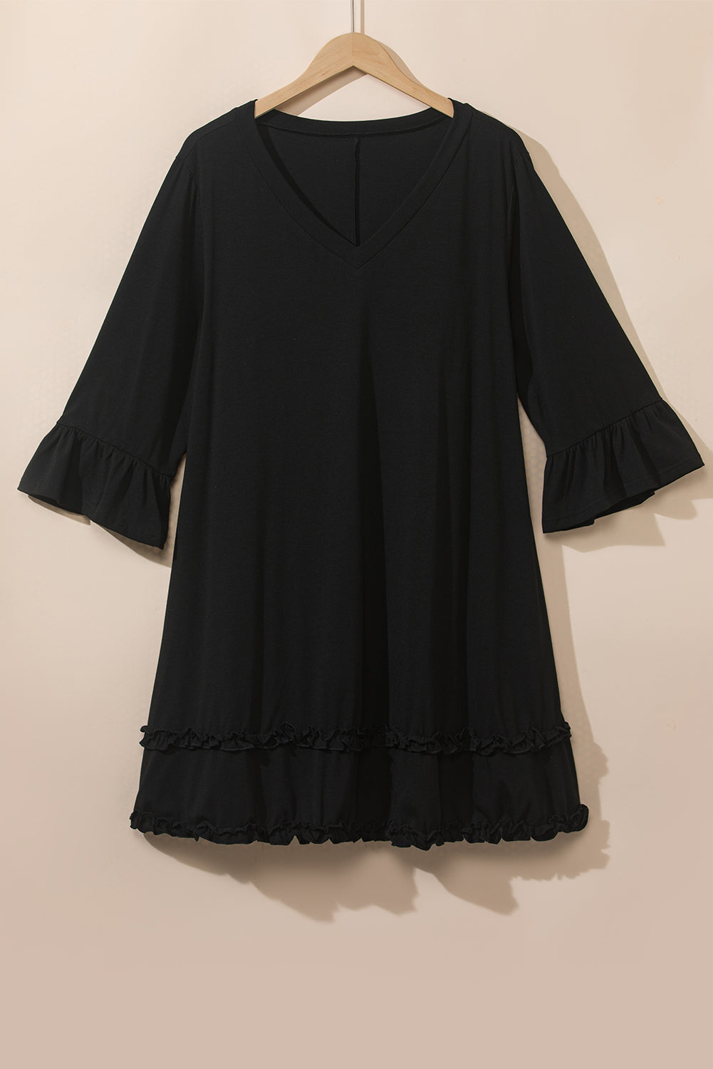 Black Plus Size Ruffled Trim 3/4 Sleeve Dress