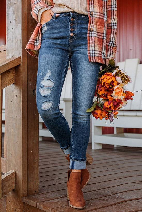 Jean skinny taille haute bleu effet vieilli avec braguette boutonnée