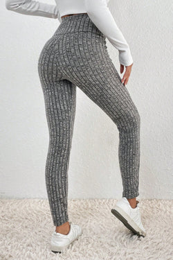 Grey Wide Waist Ribbed Textured Knit Leggings