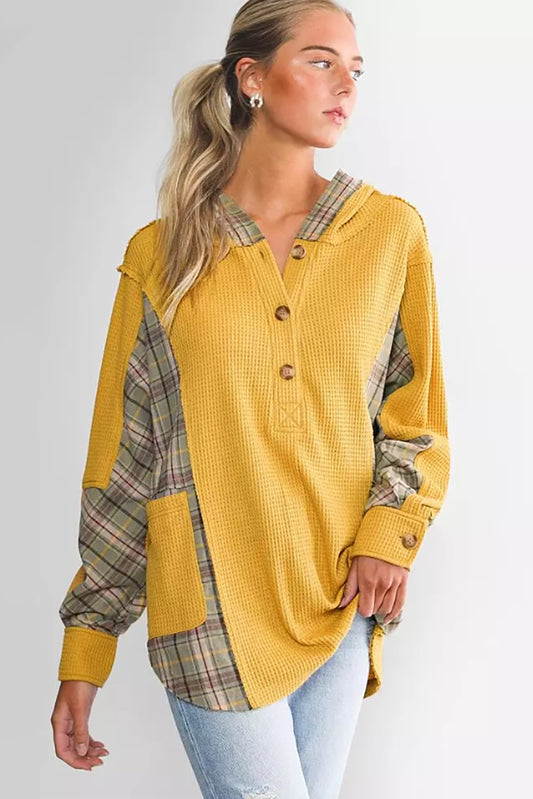 Yellow Henley Hoodie with Pockets and Waffle Knit Plaid Patchwork