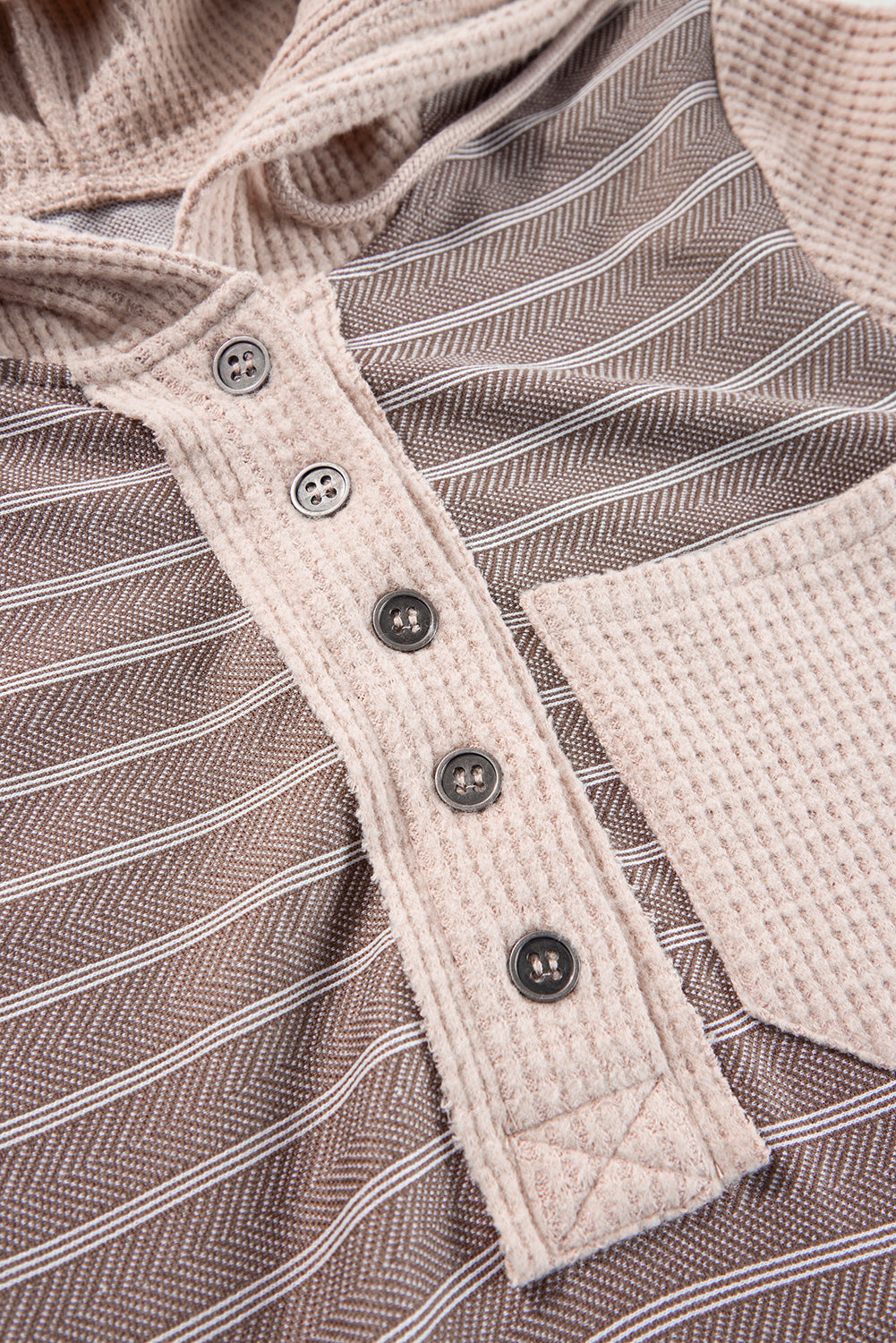Grey Textured Knit Color Block Striped Henley Hoodie Top