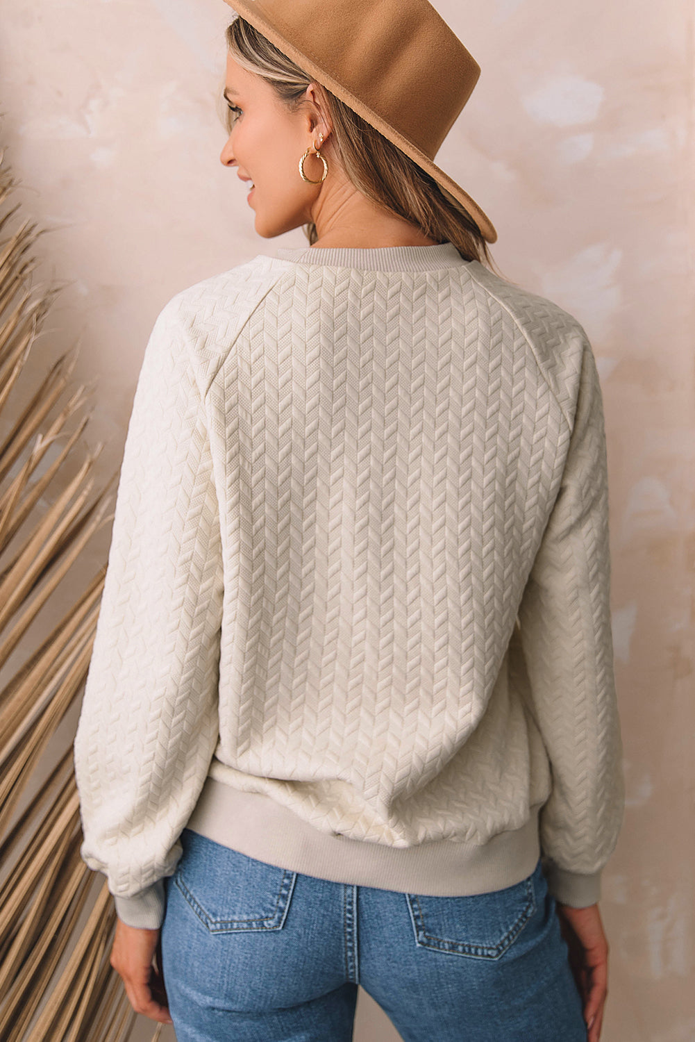 Beige solide strukturierte Raglan -Ärmelpullover Sweatshirt