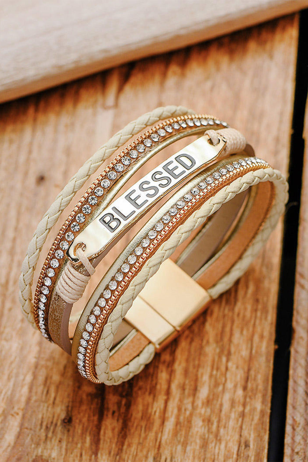 Braided loop beige bracelet with rhinestone injured