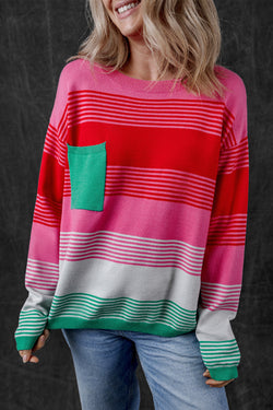 Pull shoulder sweater and knitted pink pocket pocket with pink stripes