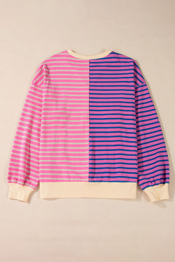 Pink Striped Oversized Sweatshirt Casual Stripe Color Block Drop Shoulder Sweatshirt