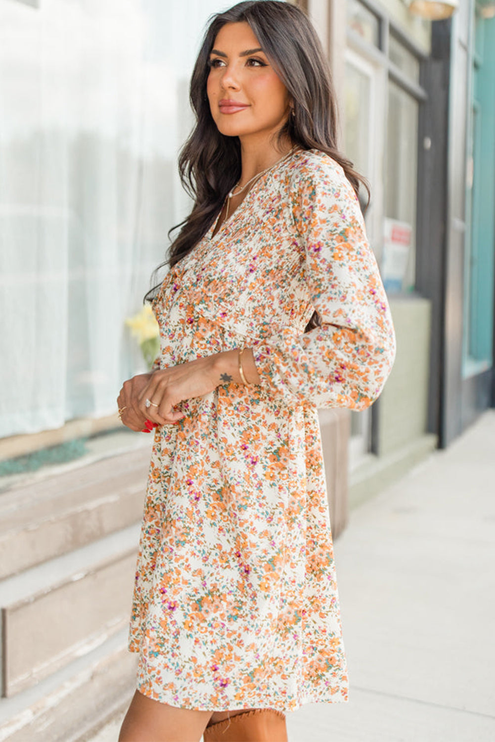 Yellow Floral V-Neck Ruffle Empire Waist Long Sleeve Boho Mini Dress