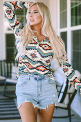 White Long Sleeve Henley Top with Aztec Geometric Print