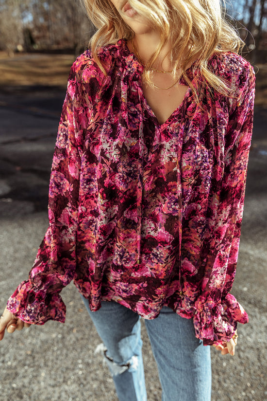 Ample V -neck blouse and pink red floral print with tightening cord