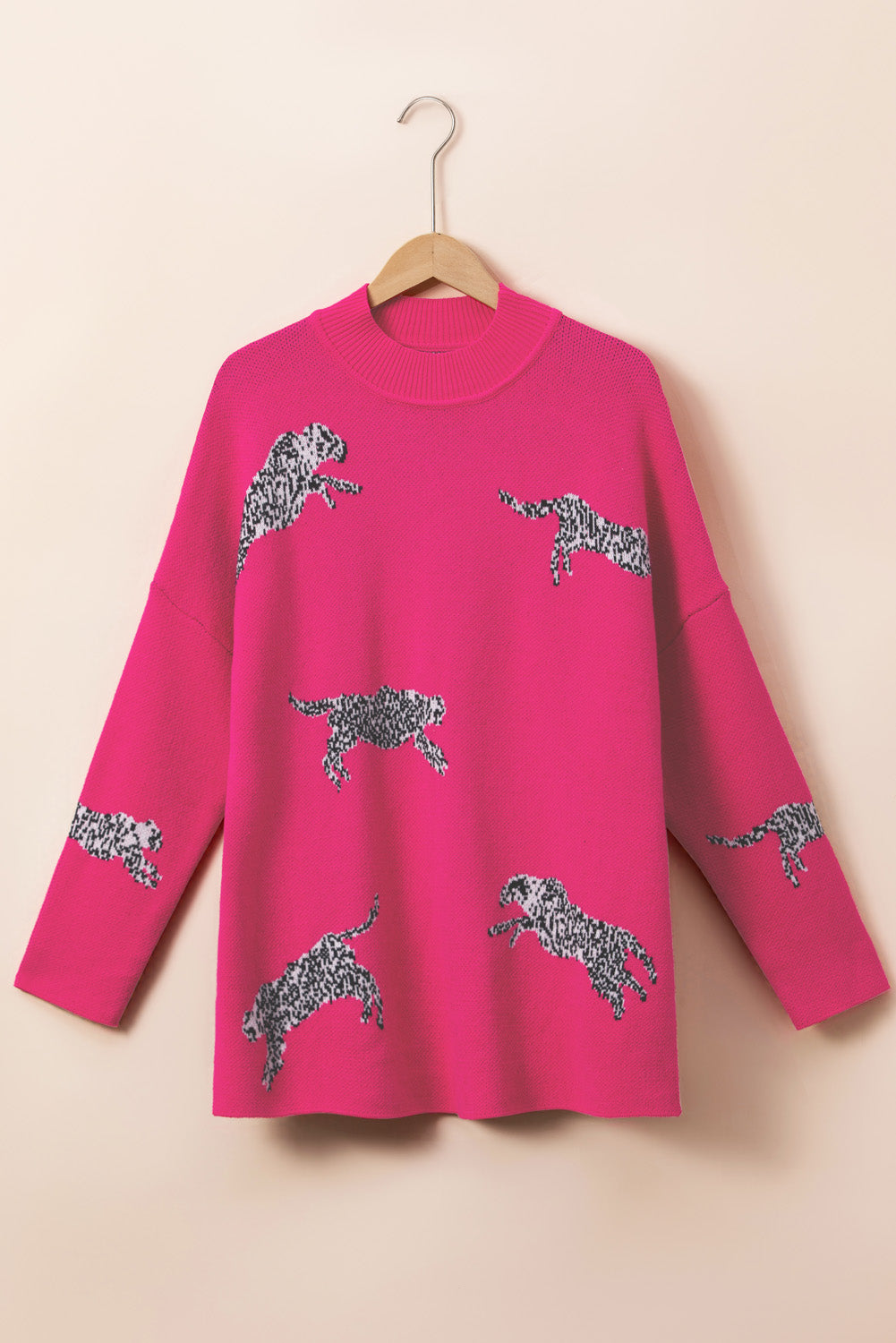 Rose Red Lively Cheetah Print High Neck Split Hem Sweater