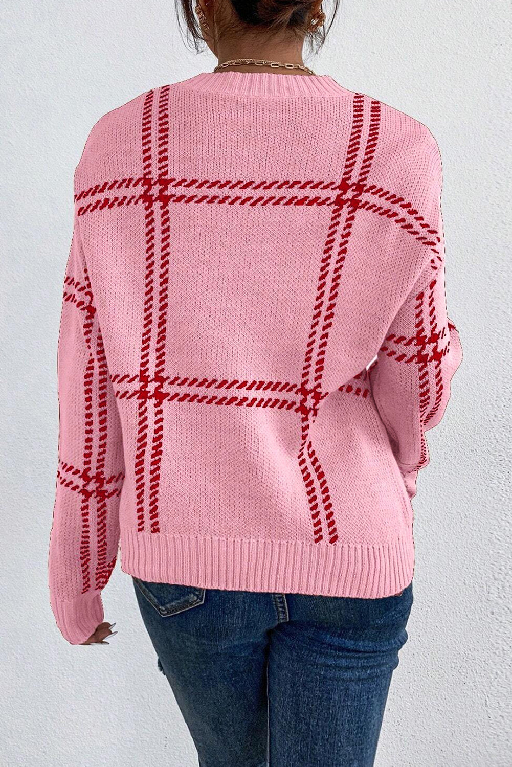 Pink Plaid Knitted Drop Shoulder Sweater