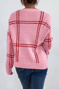 Sweater rosa de hombro rosa tejido con patrón escocés