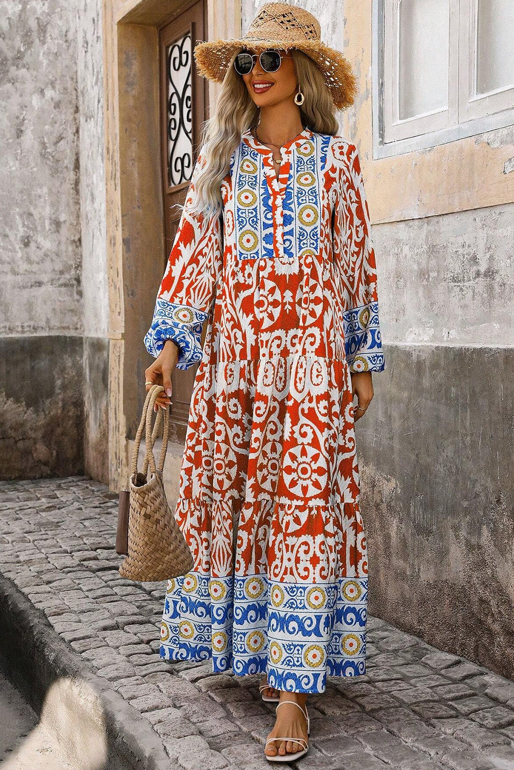 Arance Boho Geometric Stampato a maniche lunghe Maxi