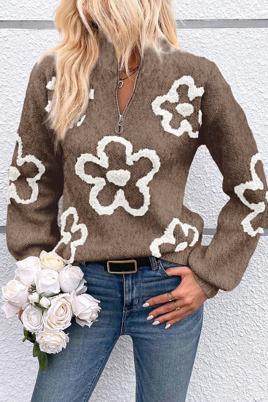 Half-zip mock neck sweater with contrasting parchment flowers