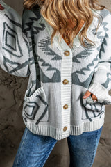 Cardigan boutonné gris clair à motif géométrique et bordure côtelée-A WOMAN WE LOVE