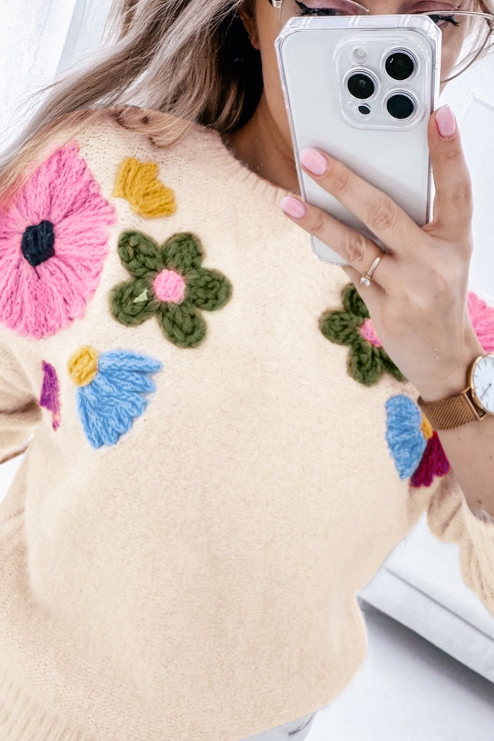 Plus Size Beige Crochet Floral Sweater