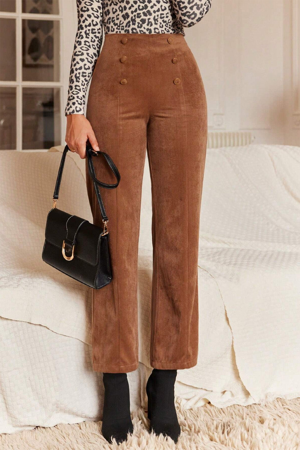 Pantalon droit croisé de couleur unie marron