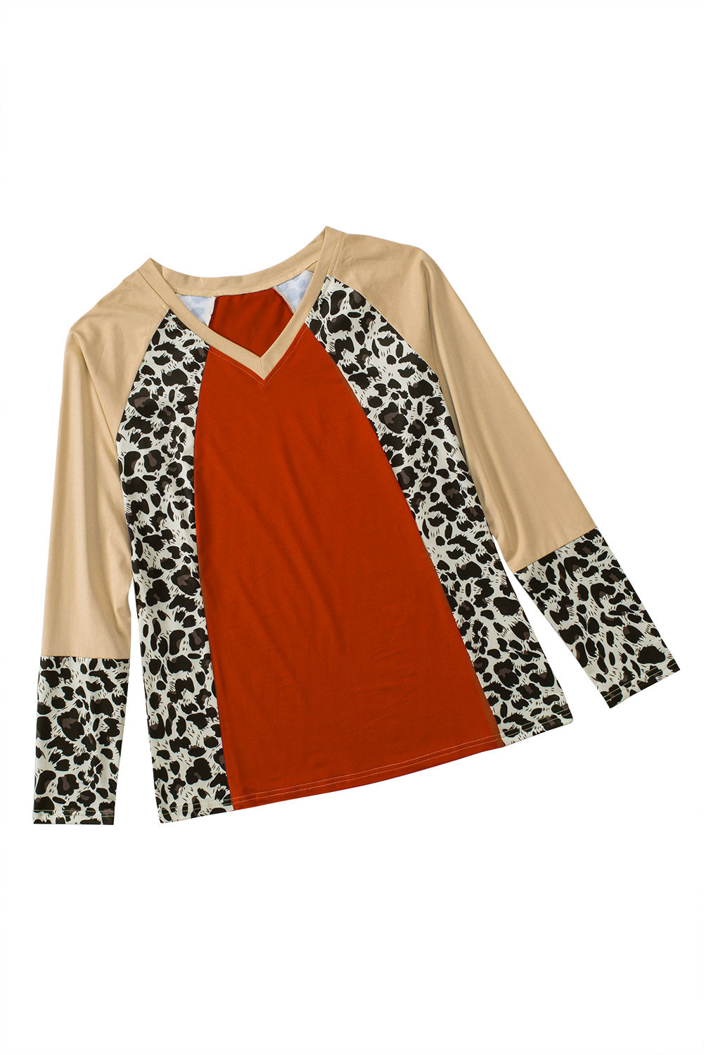 Brown Colorblock Leopard V Neck Long Sleeve Top