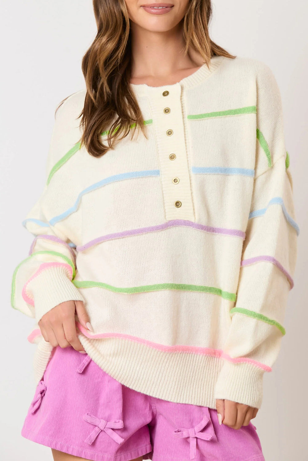 White Rainbow Striped Drop Shoulder Baggy Henley Sweater