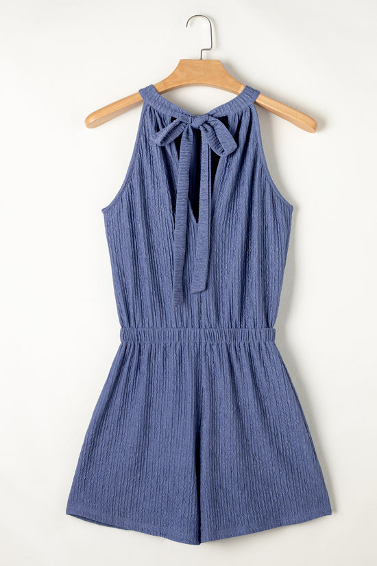 Crinkled Textured Romper with High Neck and Blue Bow at Back