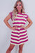 Straight t-shirt dress with pockets and short sleeves in pink stripes