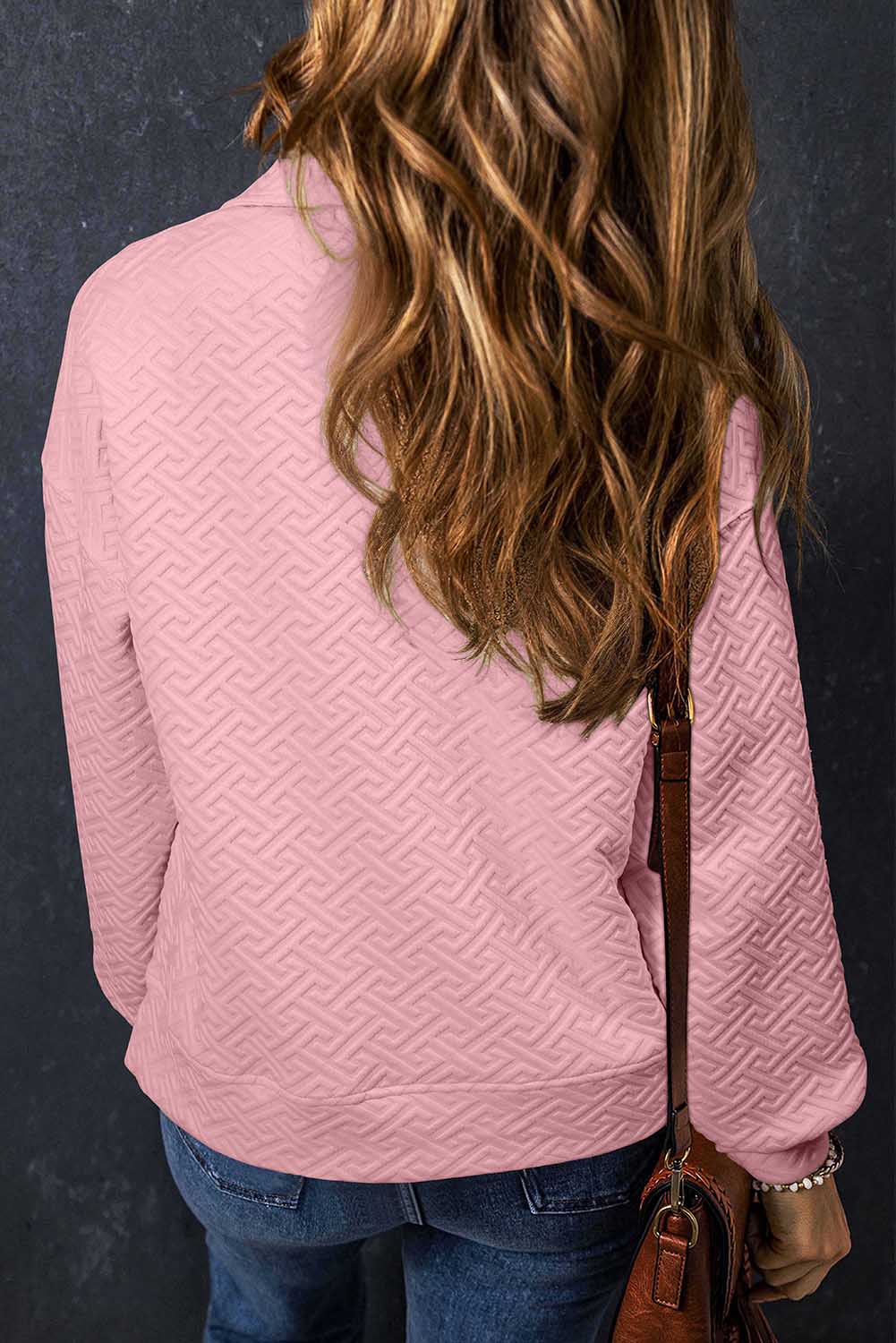 Light Pink Solid Textured Half Zip Crew Neck Sweatshirt