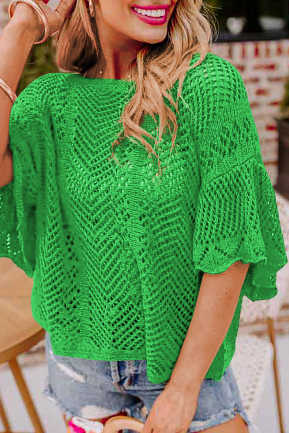 Green Pointelle Knit Scallop Edge de manga corta