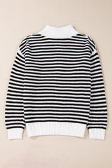 Pull noir à rayures, col zippé, épaules tombantes