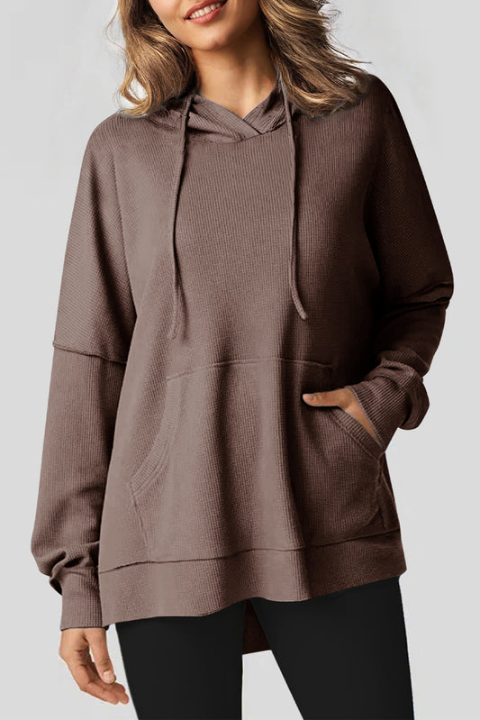 Oversized High Low Fleece Lined Waffle Knit Hoodie Coffee