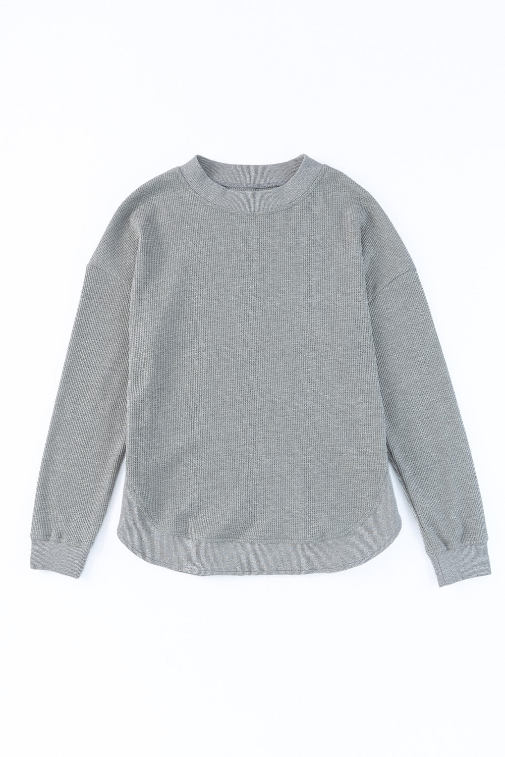 Gray Crew Neck Ribbed Trim Waffle Knit Top