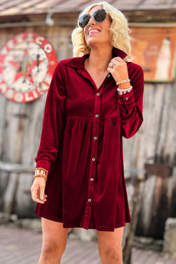 Bright Red Long Sleeve Ruffle Velvet Buttoned Dress