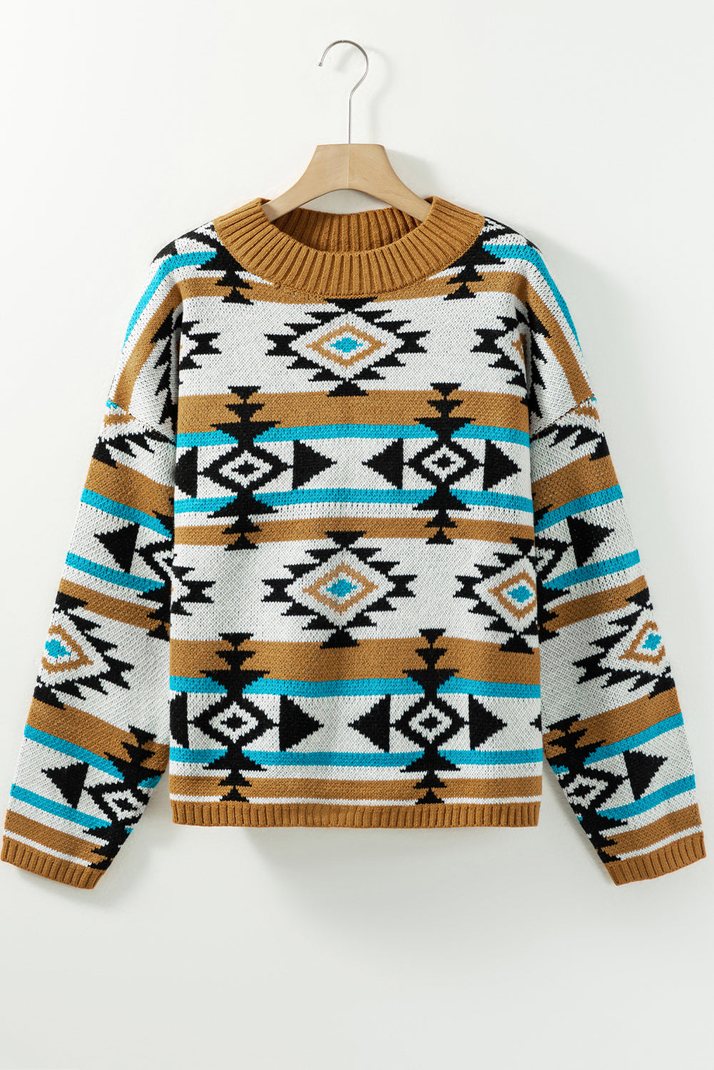 Braun Azteken gestreiftes Strickripper -Trimmpullover