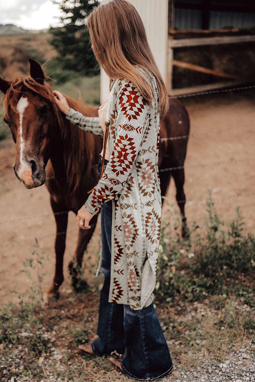 Brown Aztec Western Print Open Front Long Cardigan