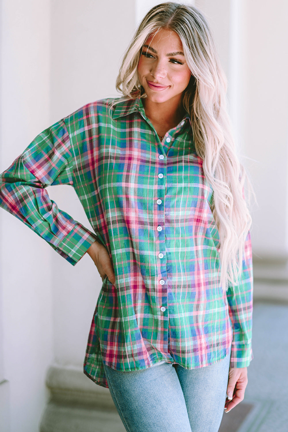 Chemise divisée à manches longues à plaid vert