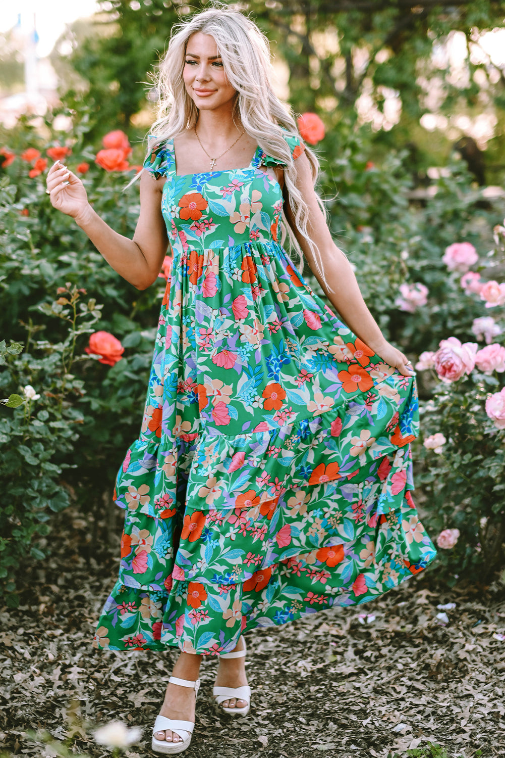 Green Floral Print Sleeveless Ruffle Tiered Maxi Dress