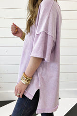Surprised t-shirt with drooping shoulders and visible seams with mineral washed out and orchid petals