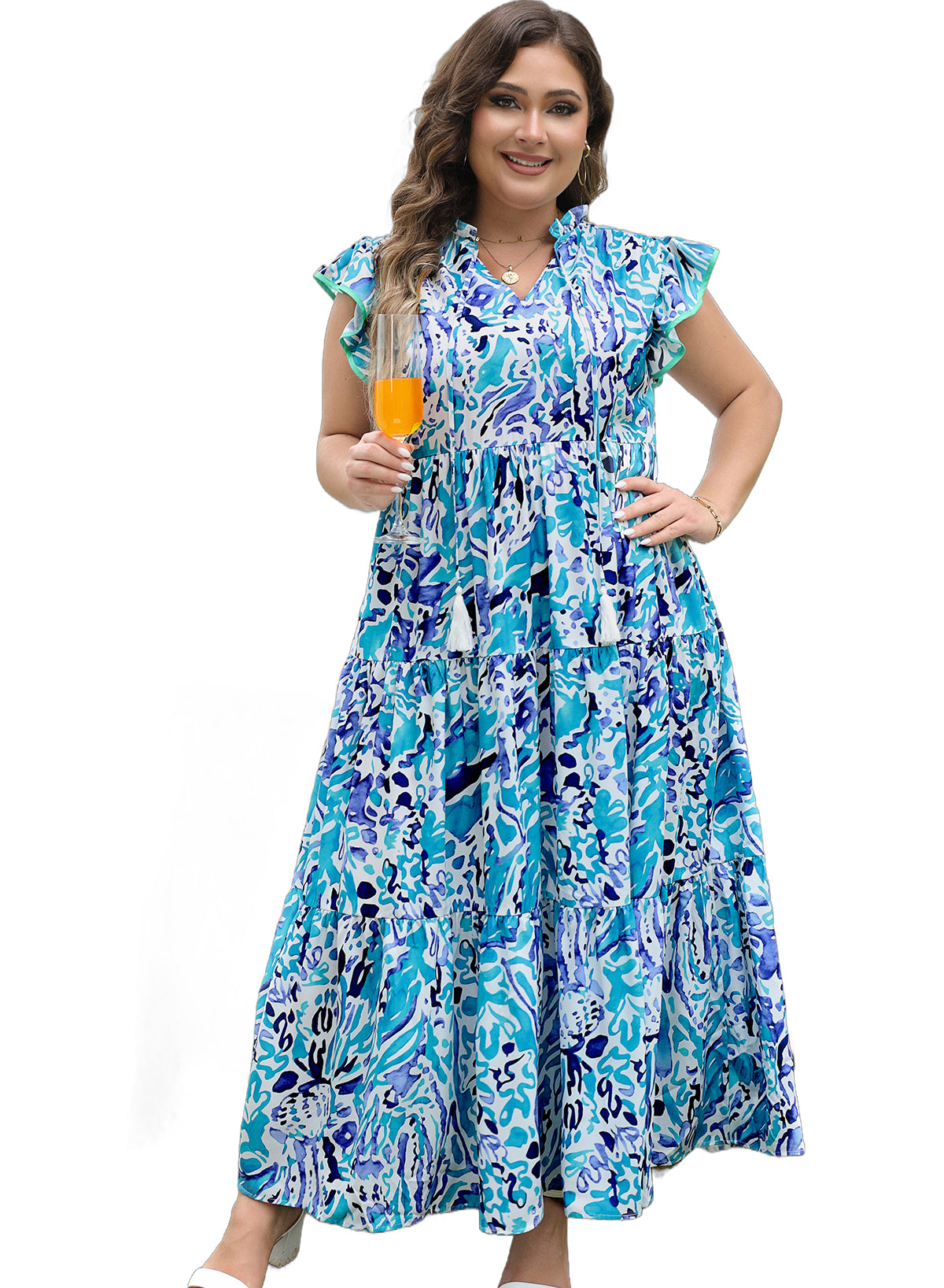 Sky Blue Plus Abstract Print Split Neck Ruffled Sleeve Tiered Long Dress