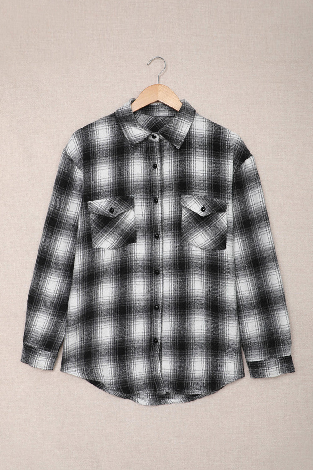 Black Buttons Pocketed Plaid Shacket