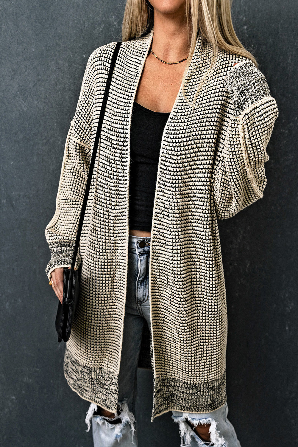 Cardigan long tricoté à carreaux abricot ouvert sur le devant-A WOMAN WE LOVE