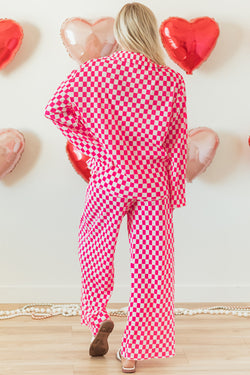 Ensemble pyjama chemise boutonnée à carreaux rose et pantalon taille haute