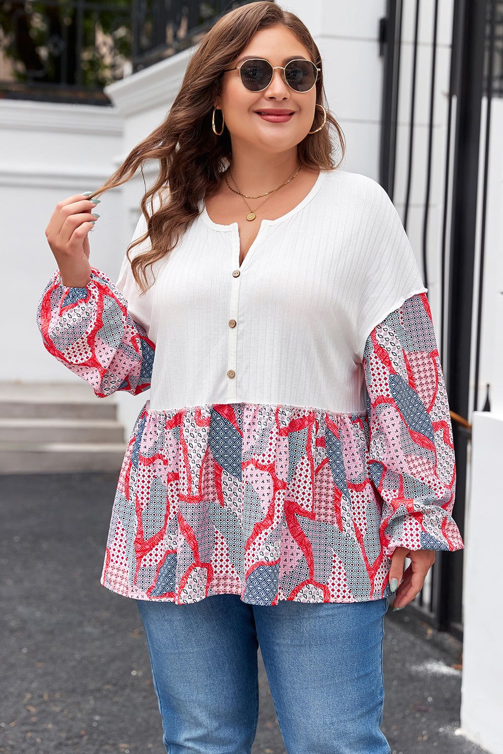 Plus Size Apricot Patchwork Print Textured Button Down Blouse