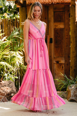 Pampilles Pink Western Pink Western Vestido con V -neck Western