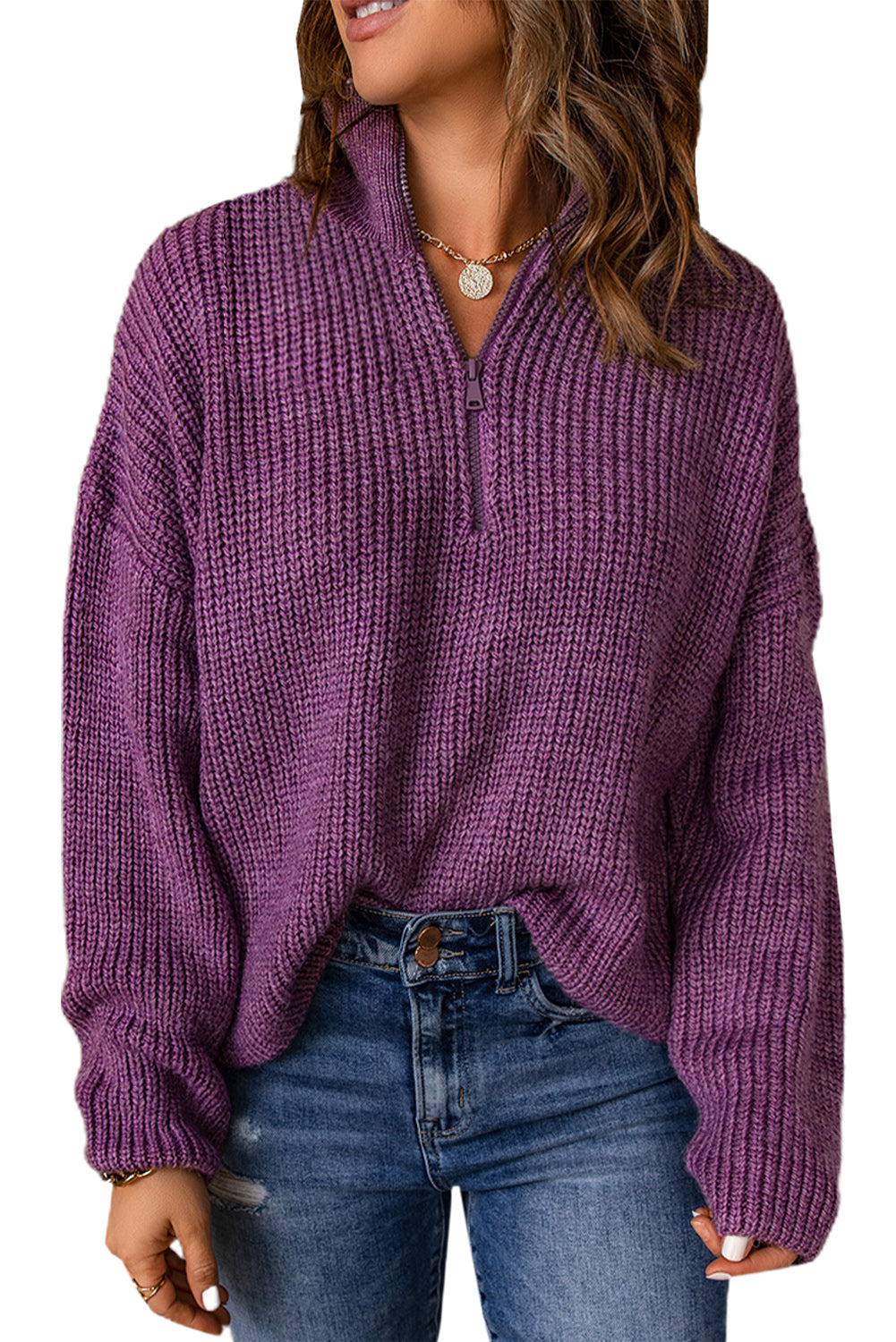 Purple Zipped Turtleneck Drop Shoulder Knit Sweater