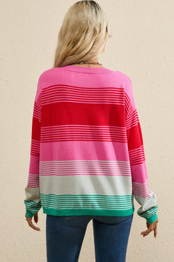 Pull shoulder sweater and knitted pink pocket pocket with pink stripes