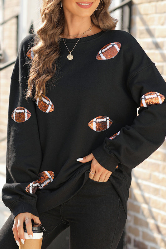 Black sequin rugby and football pattern sweatshirt