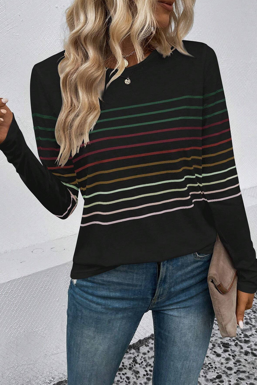 Black Multicolor Striped Crew Neck Long Sleeve Top