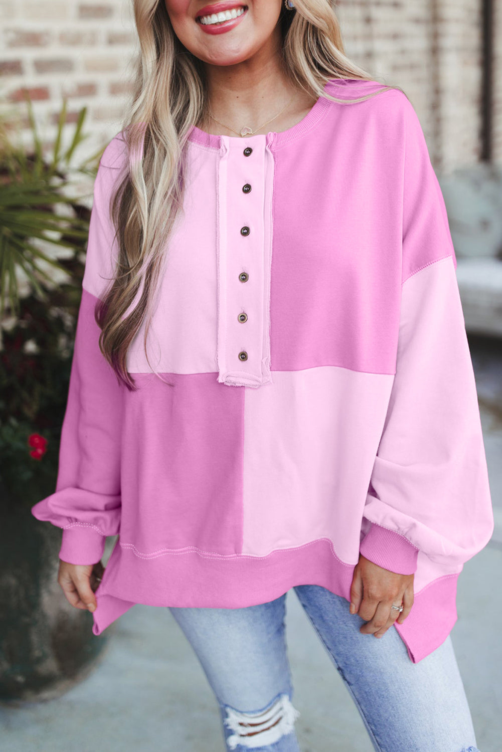 Sweat-shirt rose Henley High Low Oversize