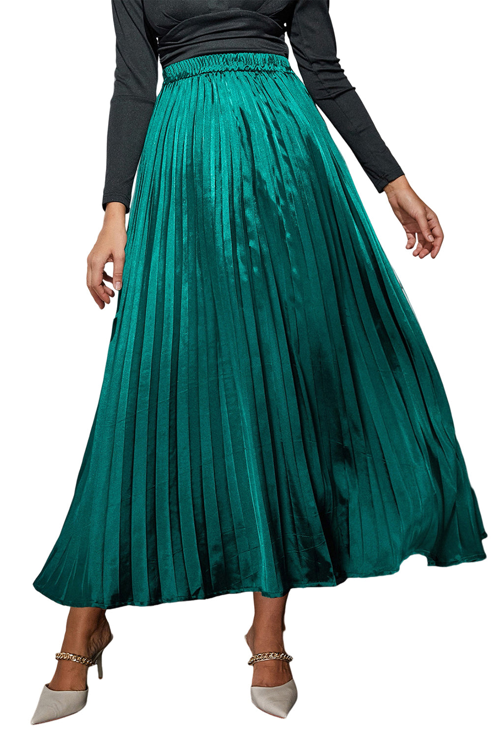 Taille élastique en satin vert noirâtre jupe maxi plissée