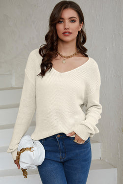 Pull beige en maille côtelée à col en V